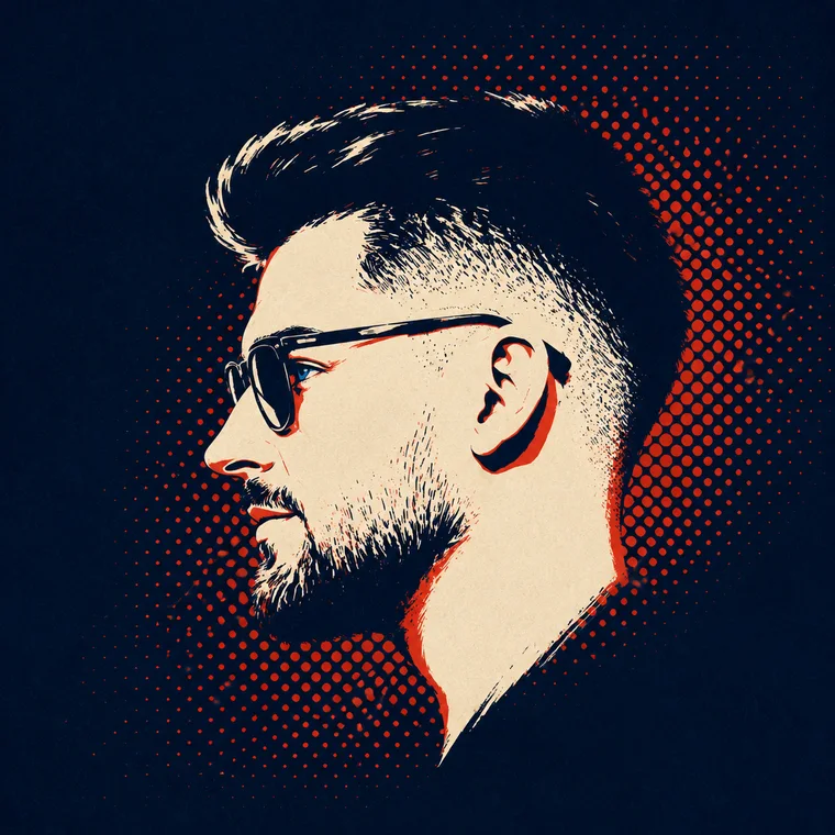 Eustatiu Dima in profile, a stylised illustration in cream and red on navy, with a red halftone burst behind him.