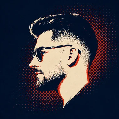 Eustatiu Dima in profile, a stylised illustration in cream and red on navy, with a red halftone burst behind him.